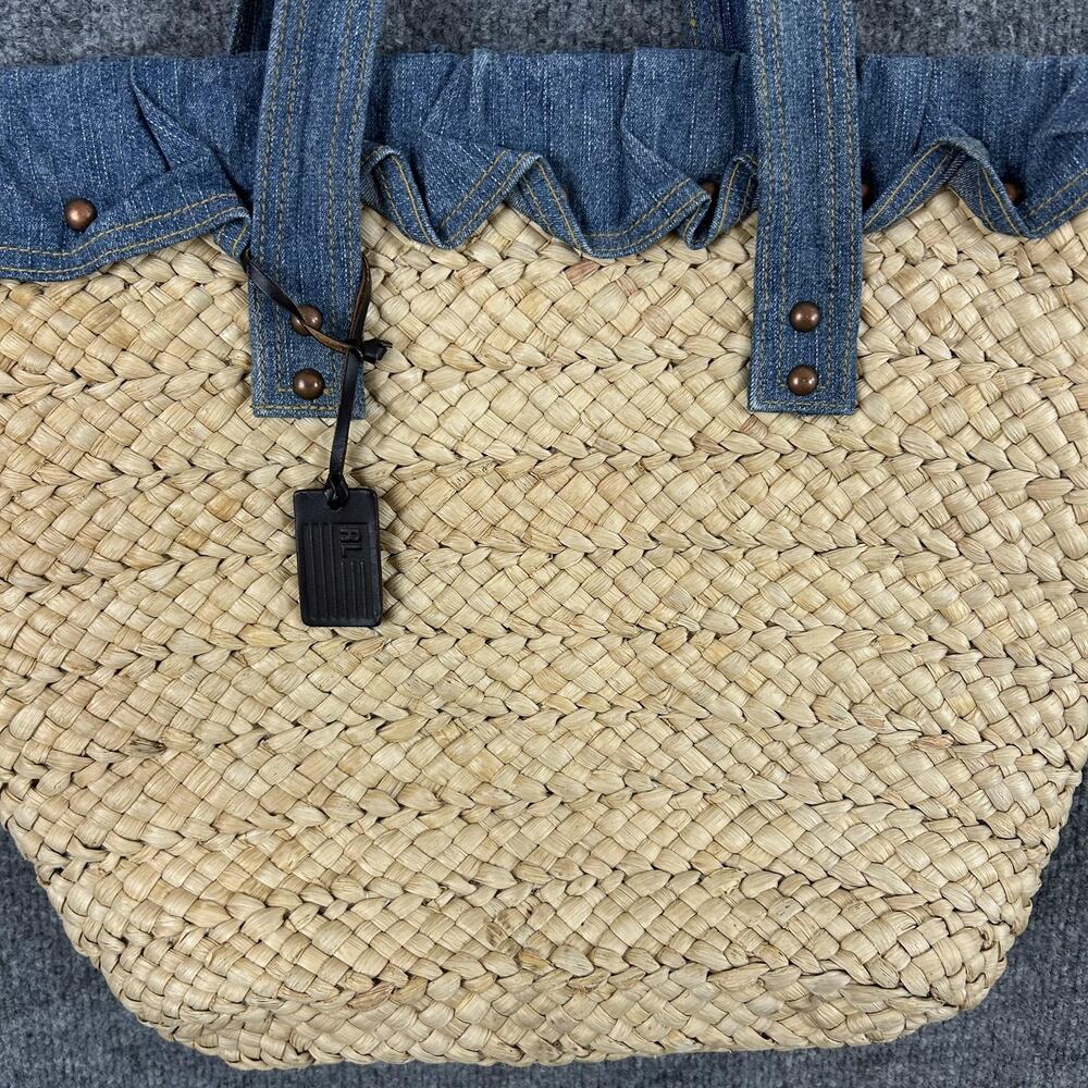 Vintage Ralph Lauren Straw Tote Bag Large Beige Denim Trim Beach Boho Summer - Picture 2 of 15